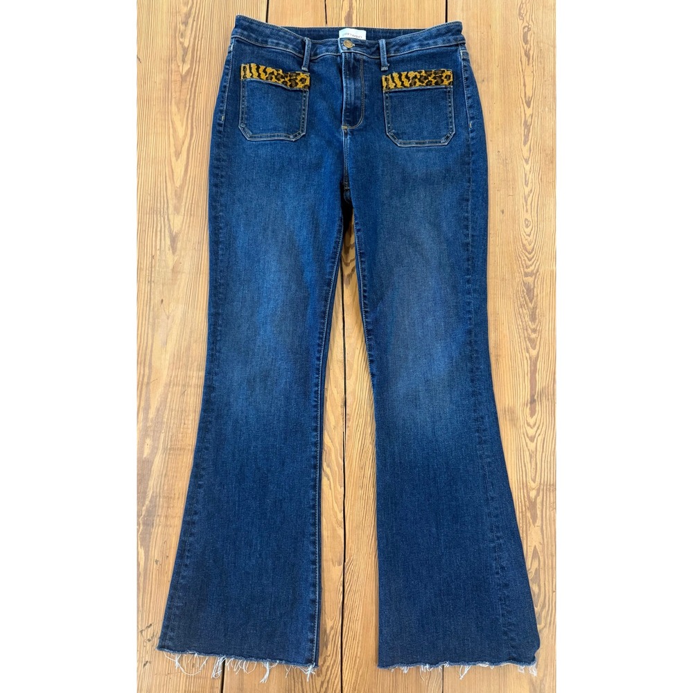 Driftwood Wyatt Leopard Print Flare Jeans Medium Wash Raw Hem Size 30x29